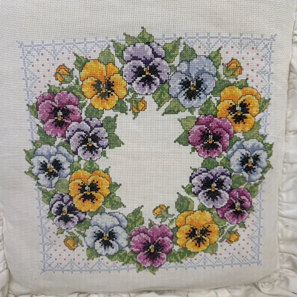 VTG Handmade Pansy Wreath Cross Stitch Ruffle Throw Pillow Floral Cottagecore